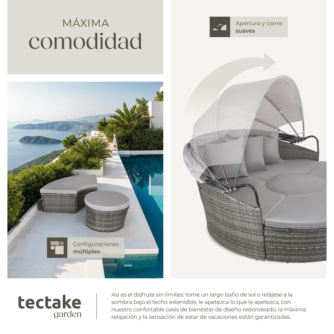 TecTake Isla Ratán con Toldo Corredizo, Cojines, Estructura Acero, UV, Gris