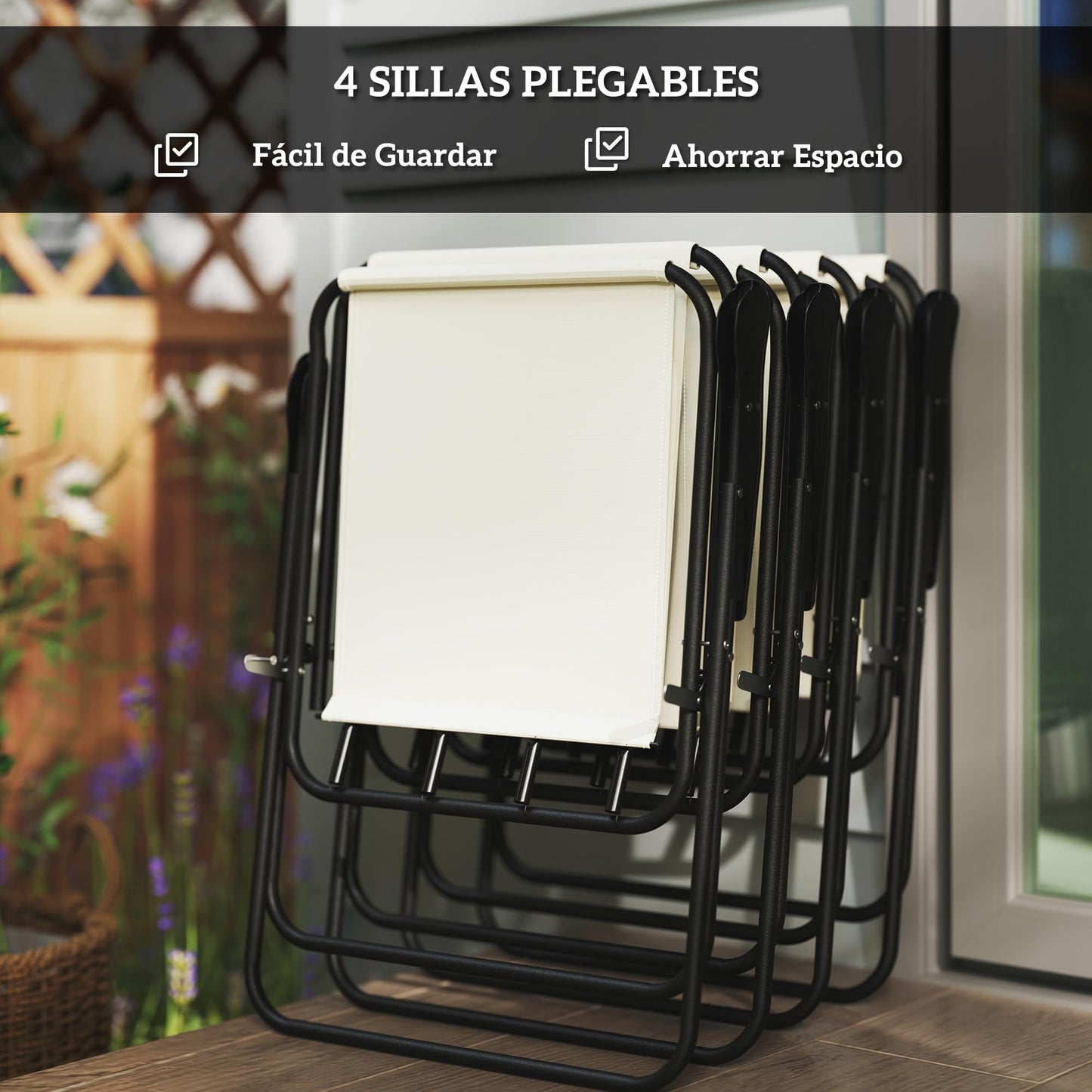 Outsunny Set Jardín 6 Pzas: Mesa Vidrio + 4 Sillas Plegables + Sombrilla, Crema