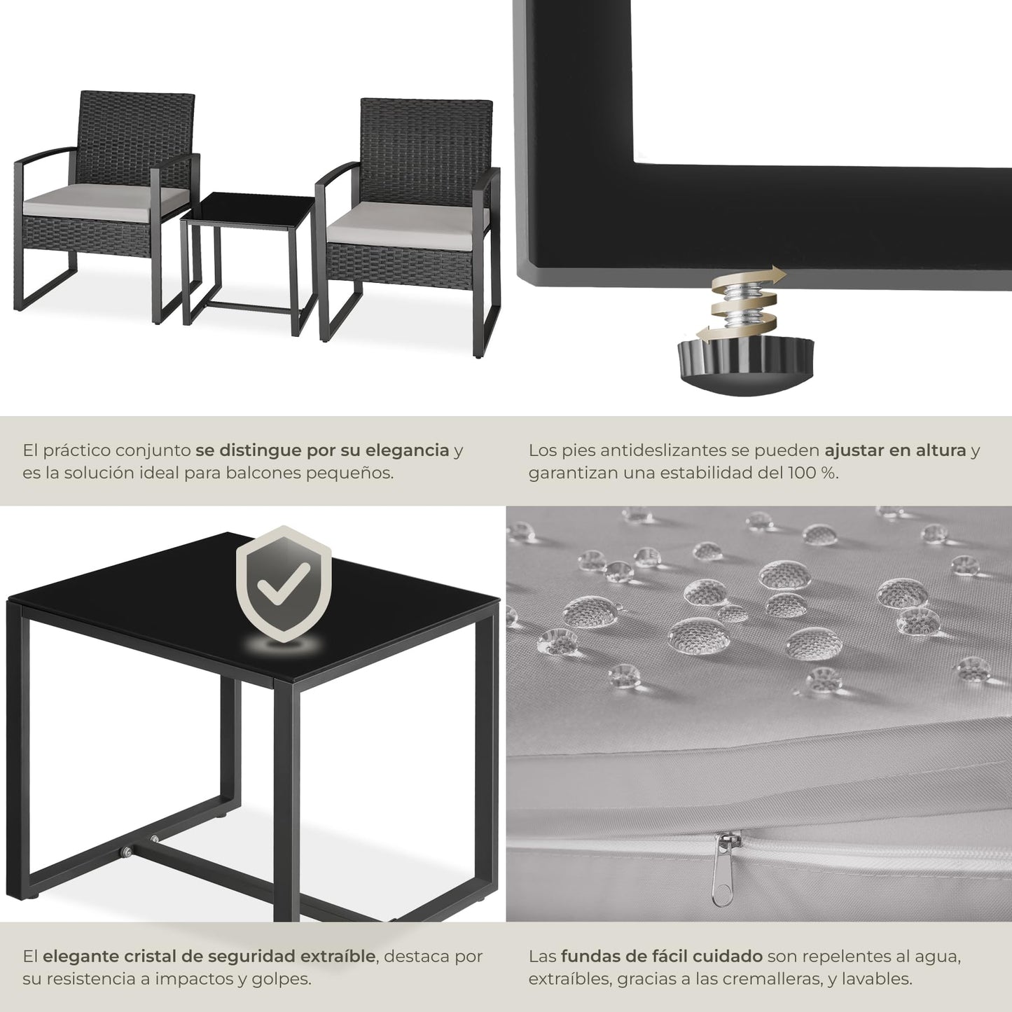 TecTake Set Jardín 2 Personas: 2 Sillas Ratán + Mesa Vidrio, Fundas Extraíbles