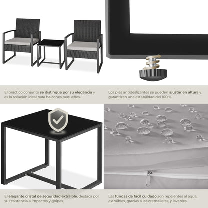 TecTake Set Jardín 2 Personas: 2 Sillas Ratán + Mesa Vidrio, Fundas Extraíbles