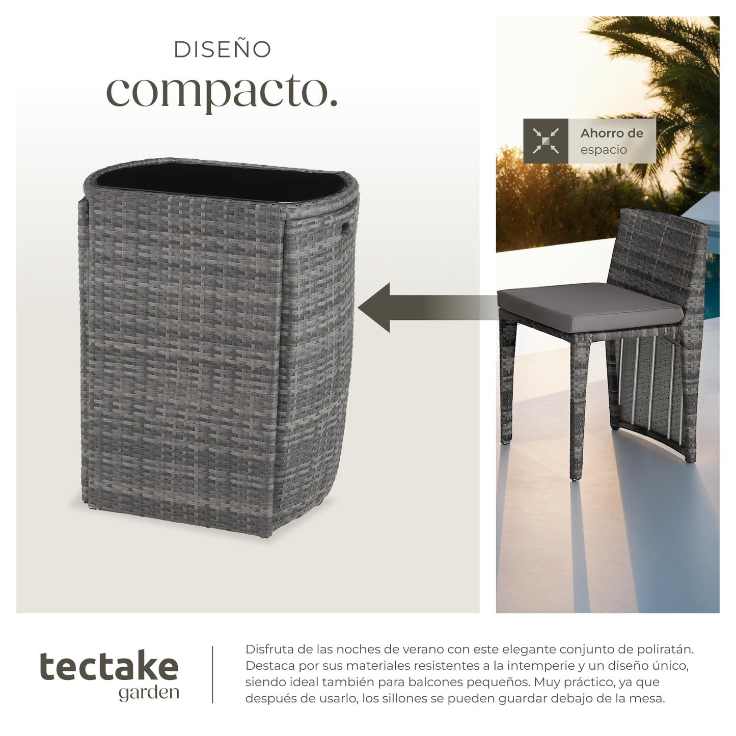 TecTake Set Jardín 2 Sillas + Mesa Cristal, Agrupable, Cojines, Gris