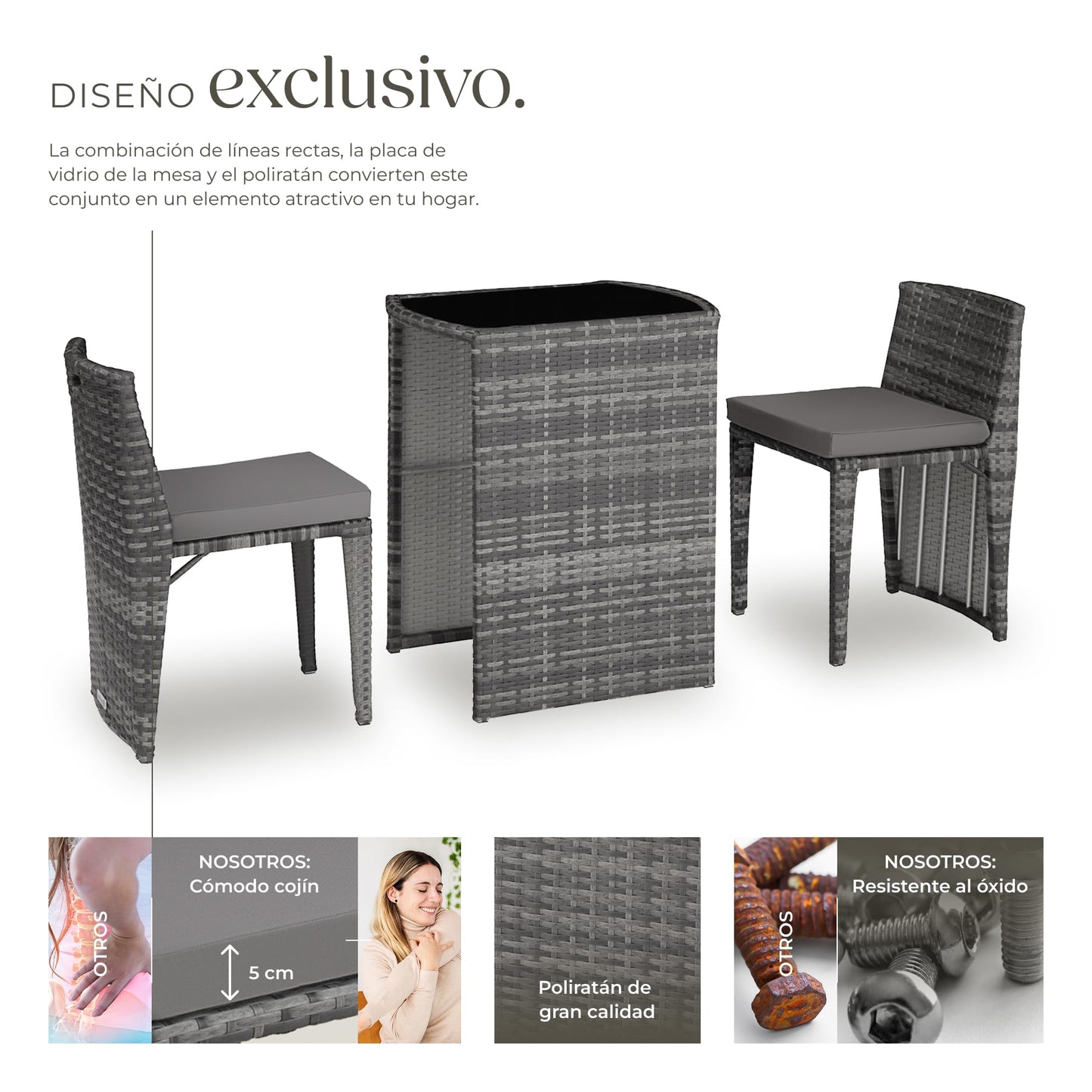 TecTake Set Jardín 2 Sillas + Mesa Cristal, Agrupable, Cojines, Gris