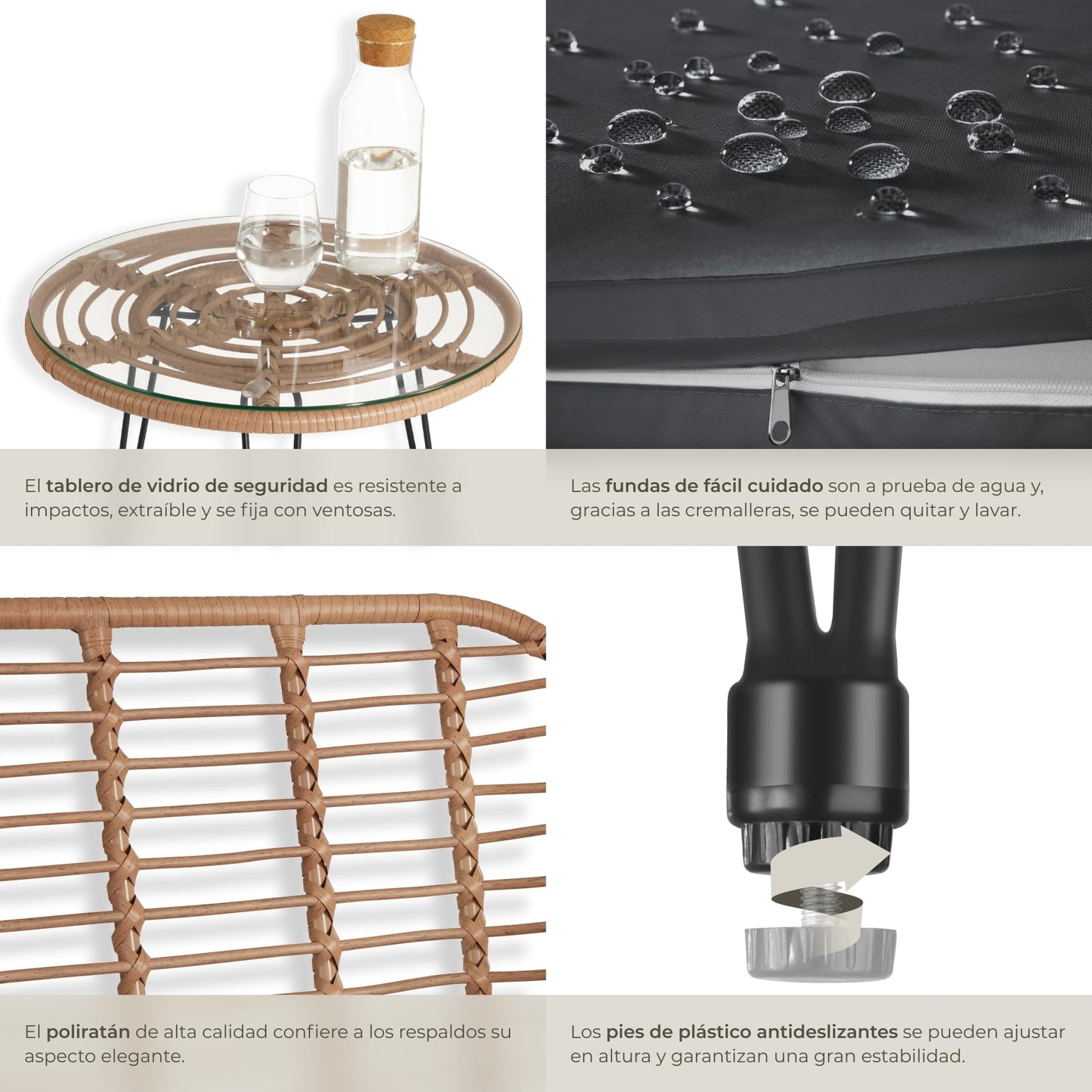 TecTake Set Jardín 2 Personas: 2 Sillas + Mesa Cristal, Cojines, Natural