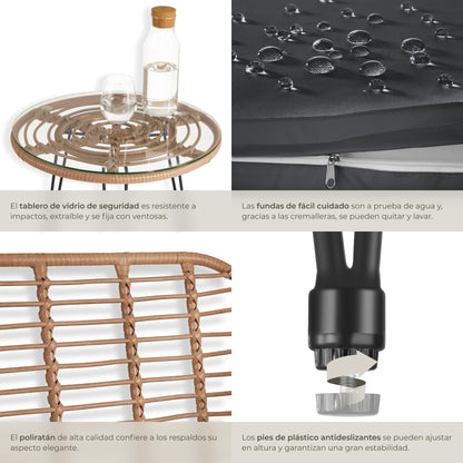 TecTake Set Jardín 2 Personas: 2 Sillas + Mesa Cristal, Cojines, Natural