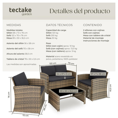 Tectake Set Ratán/Acero: 2 Sillones + Sofá + Mesa Cristal, Cojines, Natural