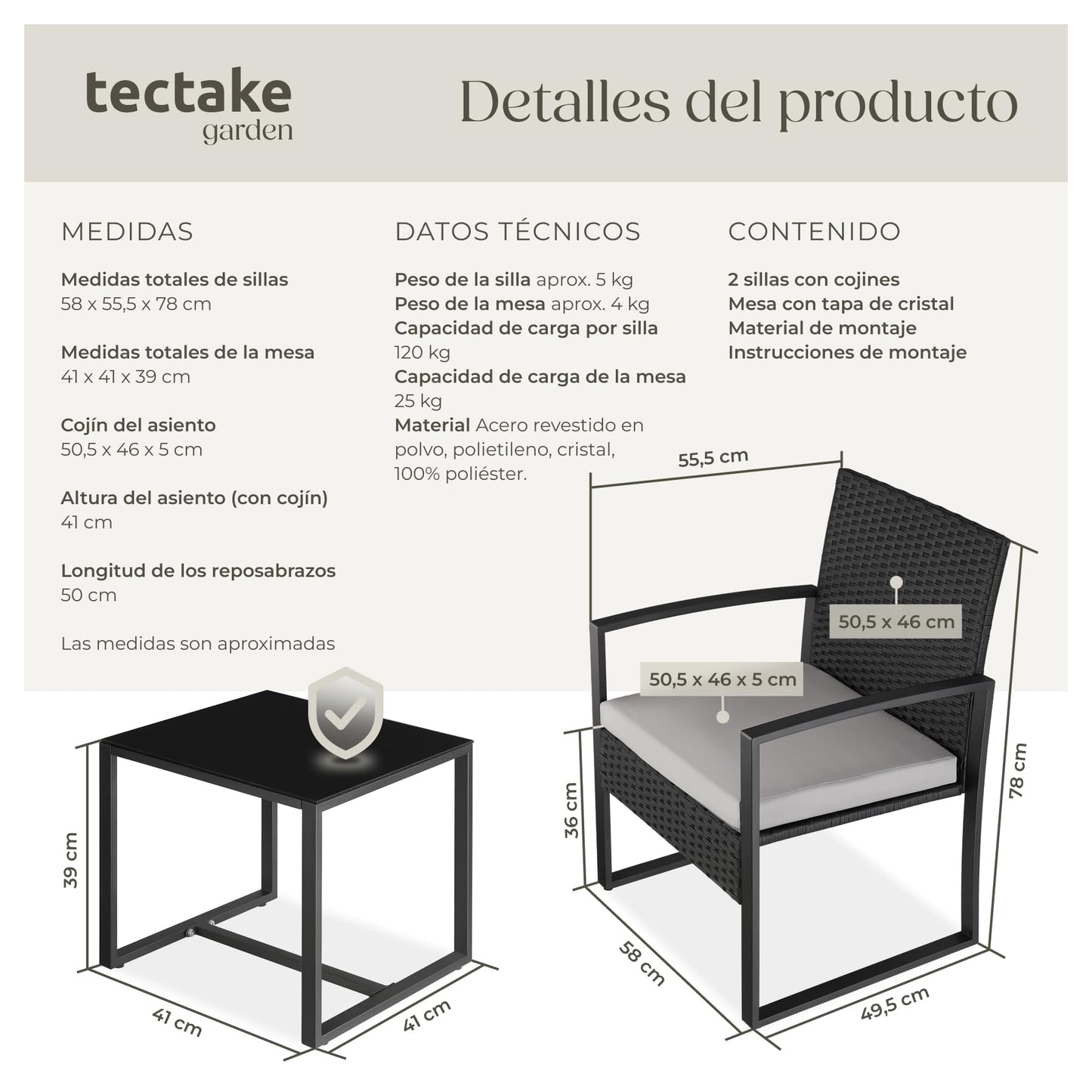 TecTake Set Jardín 2 Personas: 2 Sillas Ratán + Mesa Vidrio, Fundas Extraíbles