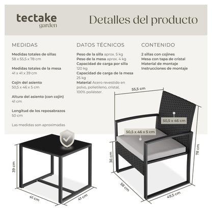 TecTake Set Jardín 2 Personas: 2 Sillas Ratán + Mesa Vidrio, Fundas Extraíbles