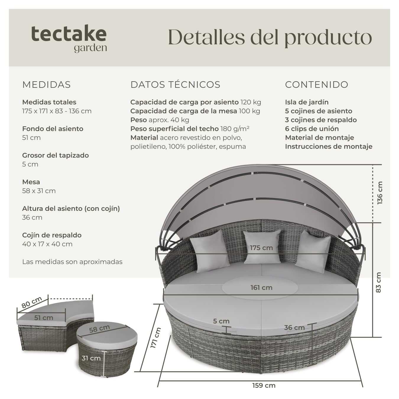 TecTake Isla Ratán con Toldo Corredizo, Cojines, Estructura Acero, UV, Gris