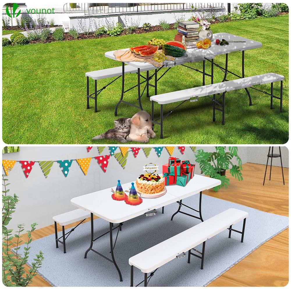 VOUNOT Set Plegable: Mesa 180cm + 2 Bancos, Picnic/Camping, Blanco