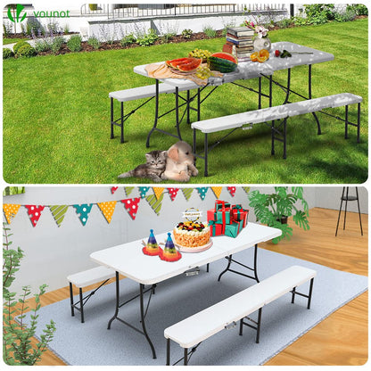 VOUNOT Set Plegable: Mesa 180cm + 2 Bancos, Picnic/Camping, Blanco