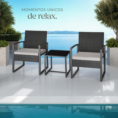 TecTake Set Jardín 2 Personas: 2 Sillas Ratán + Mesa Vidrio, Fundas Extraíbles