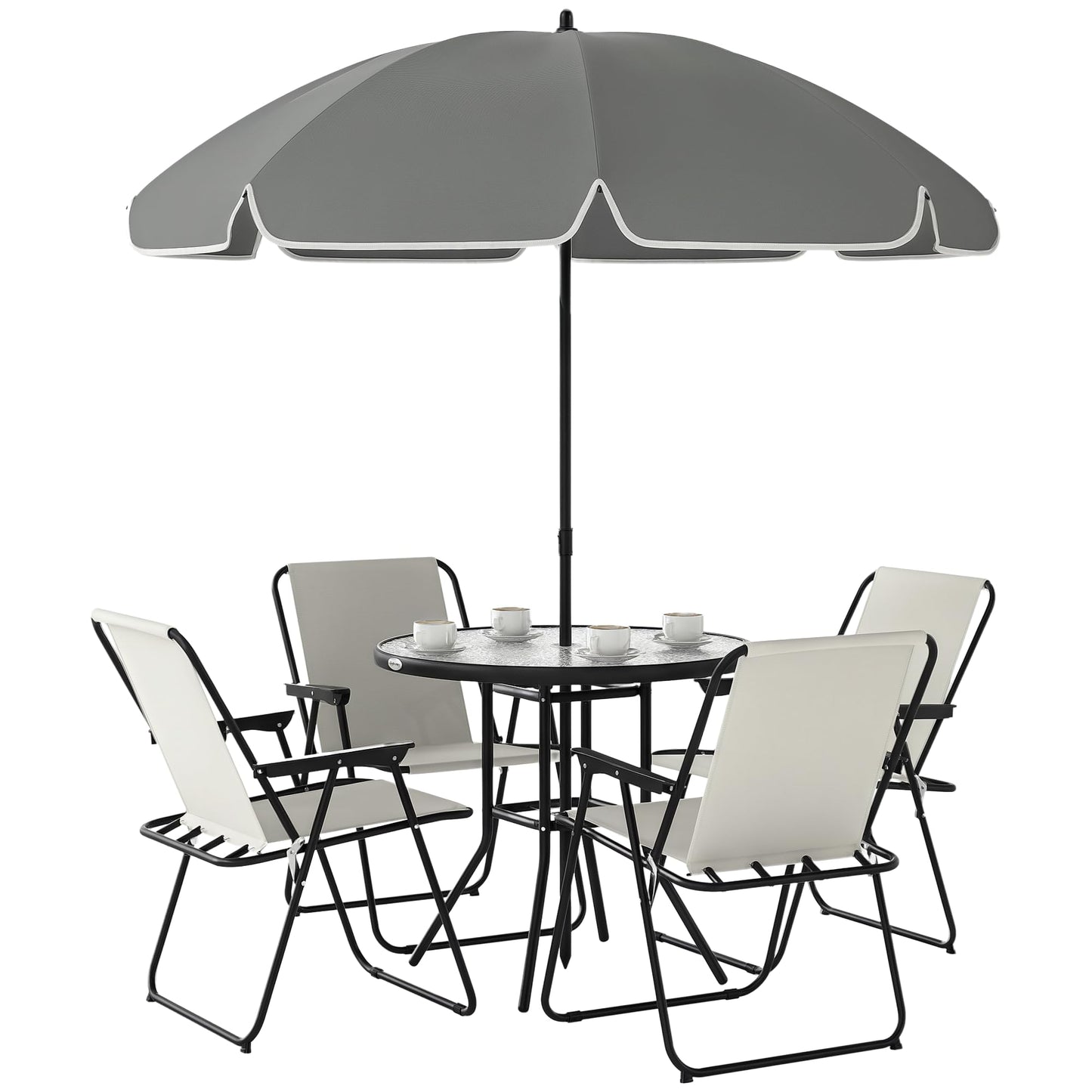 Outsunny Set Jardín 6 Pzas: Mesa Vidrio + 4 Sillas Plegables + Sombrilla, Crema