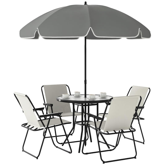 Outsunny Set Jardín 6 Pzas: Mesa Vidrio + 4 Sillas Plegables + Sombrilla, Crema