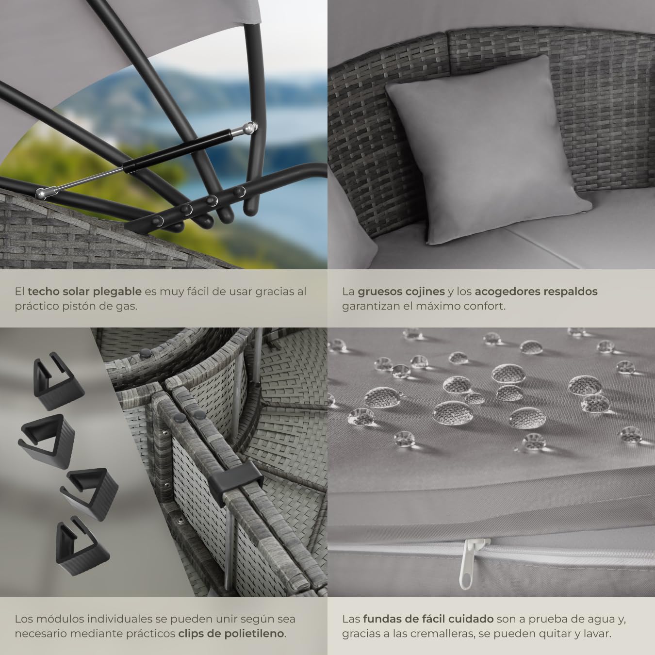 TecTake Isla Ratán con Toldo Corredizo, Cojines, Estructura Acero, UV, Gris