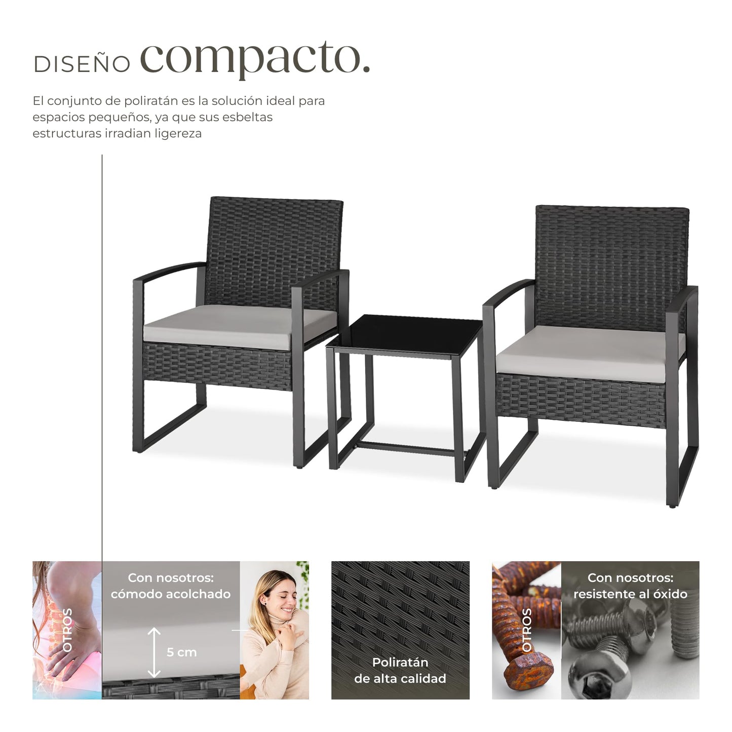 TecTake Set Jardín 2 Personas: 2 Sillas Ratán + Mesa Vidrio, Fundas Extraíbles