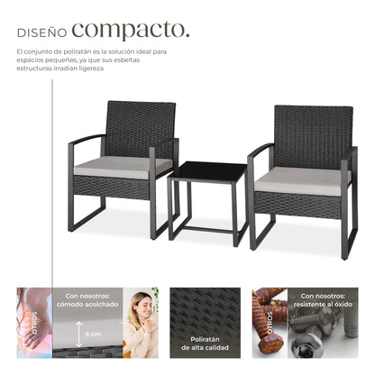TecTake Set Jardín 2 Personas: 2 Sillas Ratán + Mesa Vidrio, Fundas Extraíbles