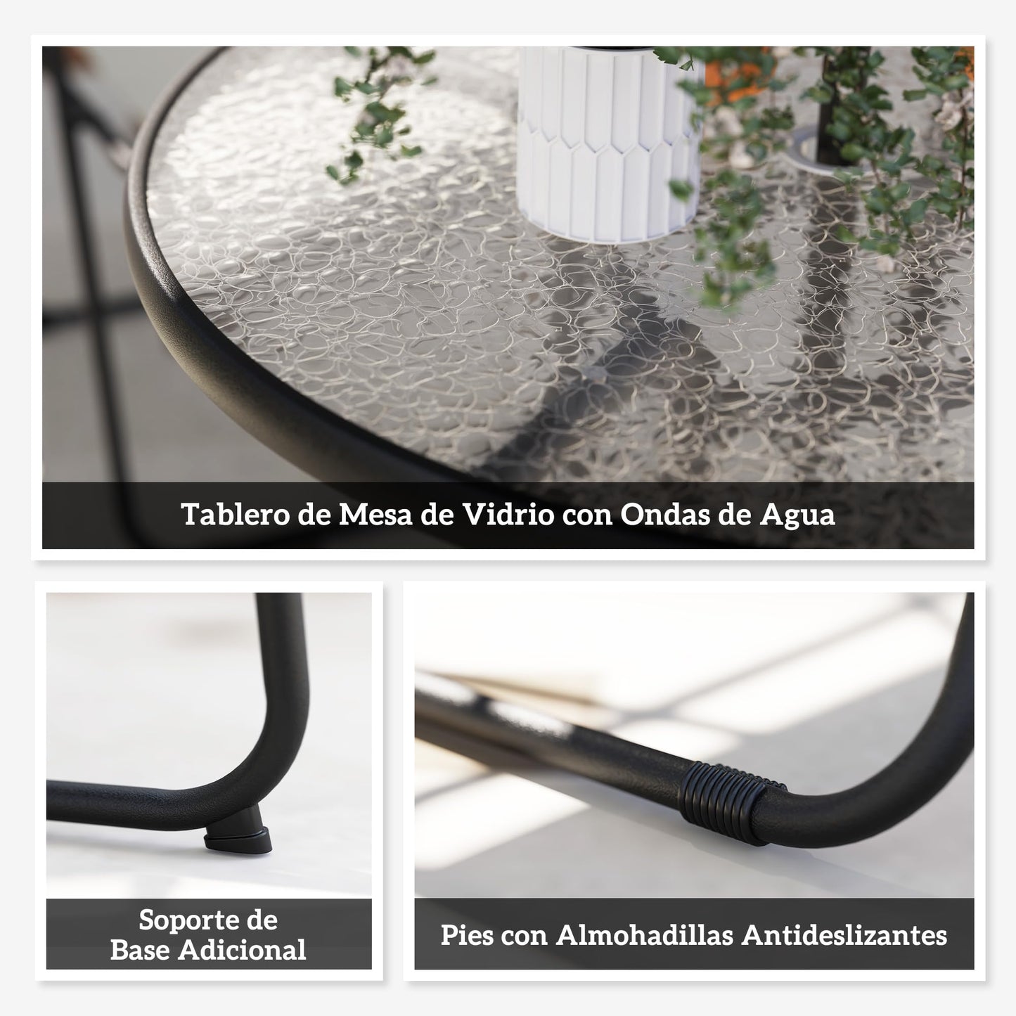 Outsunny Set Jardín 6 Pzas: Mesa Vidrio + 4 Sillas Plegables + Sombrilla, Crema