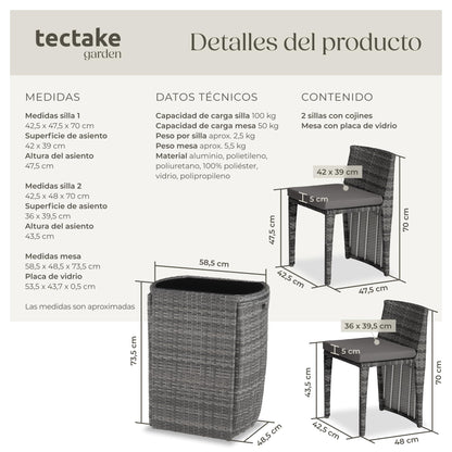 TecTake Set Jardín 2 Sillas + Mesa Cristal, Agrupable, Cojines, Gris