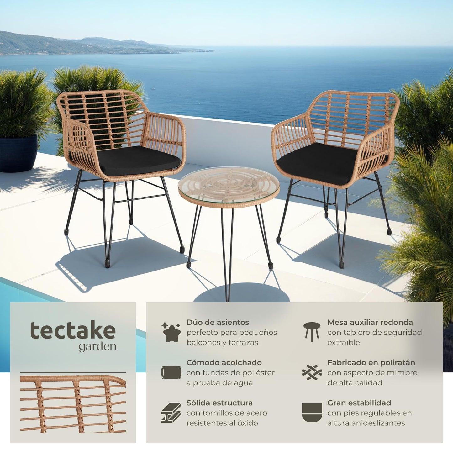 TecTake Set Jardín 2 Personas: 2 Sillas + Mesa Cristal, Cojines, Natural