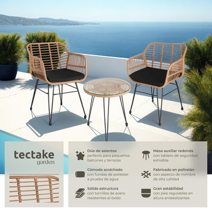 TecTake Set Jardín 2 Personas: 2 Sillas + Mesa Cristal, Cojines, Natural