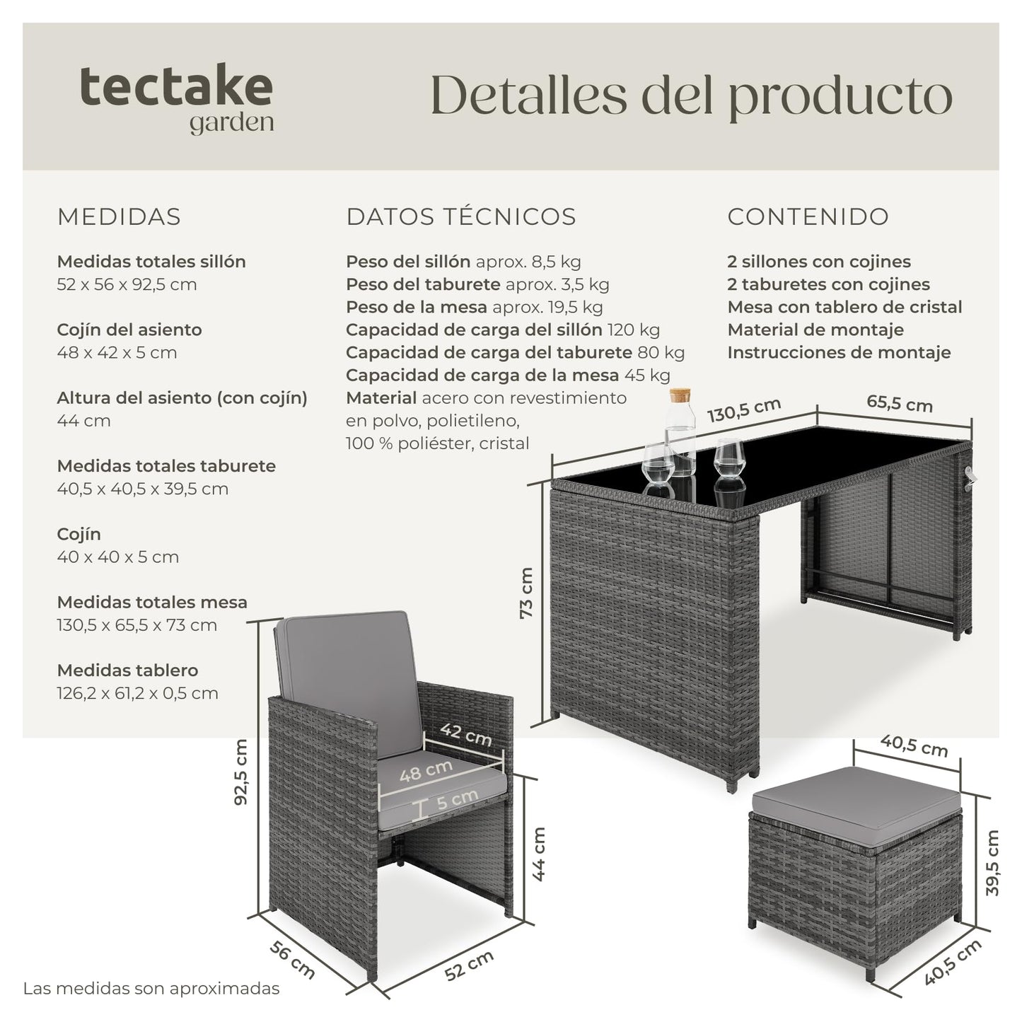 TecTake Set Jardín: 2 Sillones Pleg + Taburete + Mesa Cristal, Abrebotellas