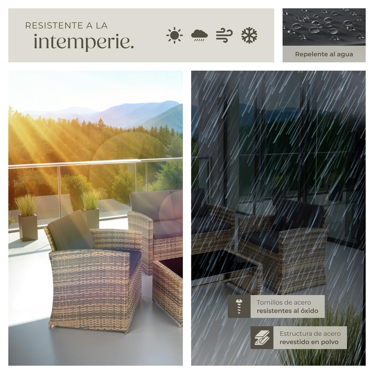 Tectake Set Ratán/Acero: 2 Sillones + Sofá + Mesa Cristal, Cojines, Natural