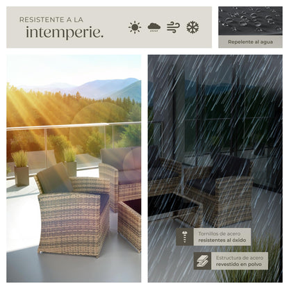 Tectake Set Ratán/Acero: 2 Sillones + Sofá + Mesa Cristal, Cojines, Natural