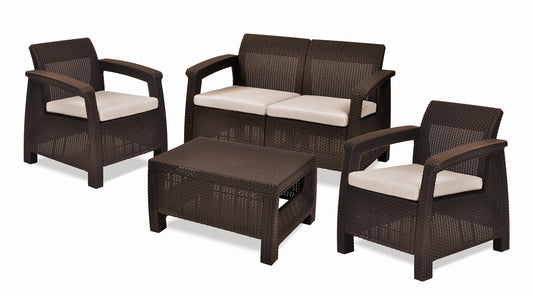 Keter Corfu Set Jardín 4 Plazas + Mesa, Cojines, Ratán Plano Marrón