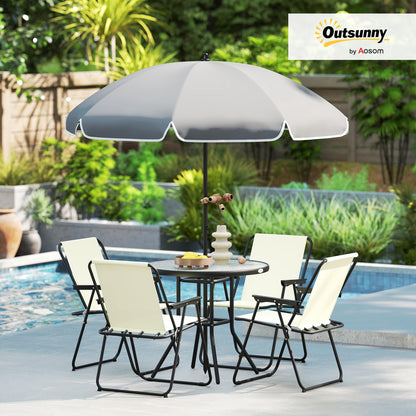 Outsunny Set Jardín 6 Pzas: Mesa Vidrio + 4 Sillas Plegables + Sombrilla, Crema