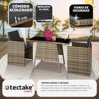 TecTake Set Jardín Ratán/Aluminio: 2 Sillas + Mesa Cristal, Apilable, Natural