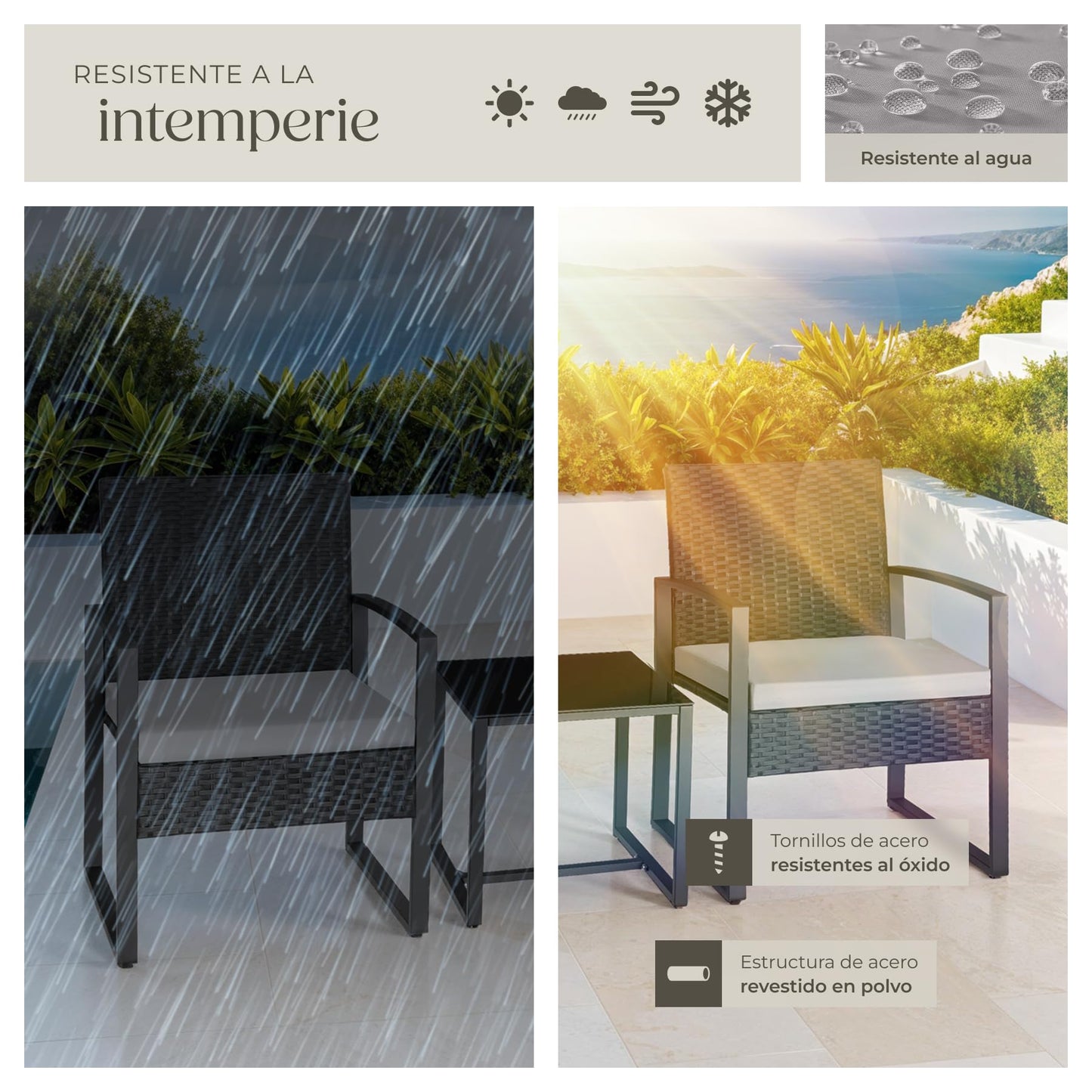 TecTake Set Jardín 2 Personas: 2 Sillas Ratán + Mesa Vidrio, Fundas Extraíbles