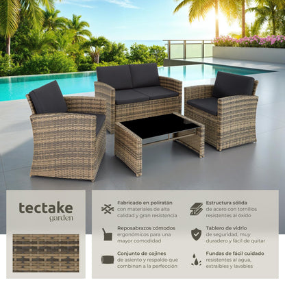 Tectake Set Ratán/Acero: 2 Sillones + Sofá + Mesa Cristal, Cojines, Natural