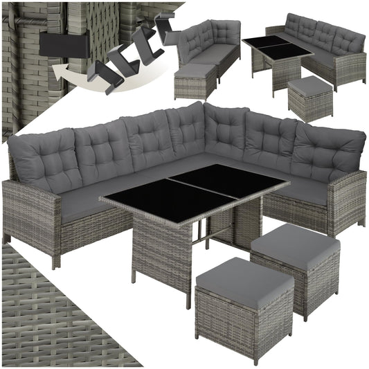 TecTake Set Esquina Ratán 5 Pzas: Sofá + 2 Taburetes + Mesa, Gris/Beige