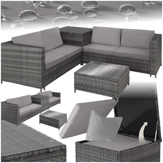 TecTake Set Ratán Combinable: 2 Sofás + Mesa + Caja, Cojines 8cm, Gris
