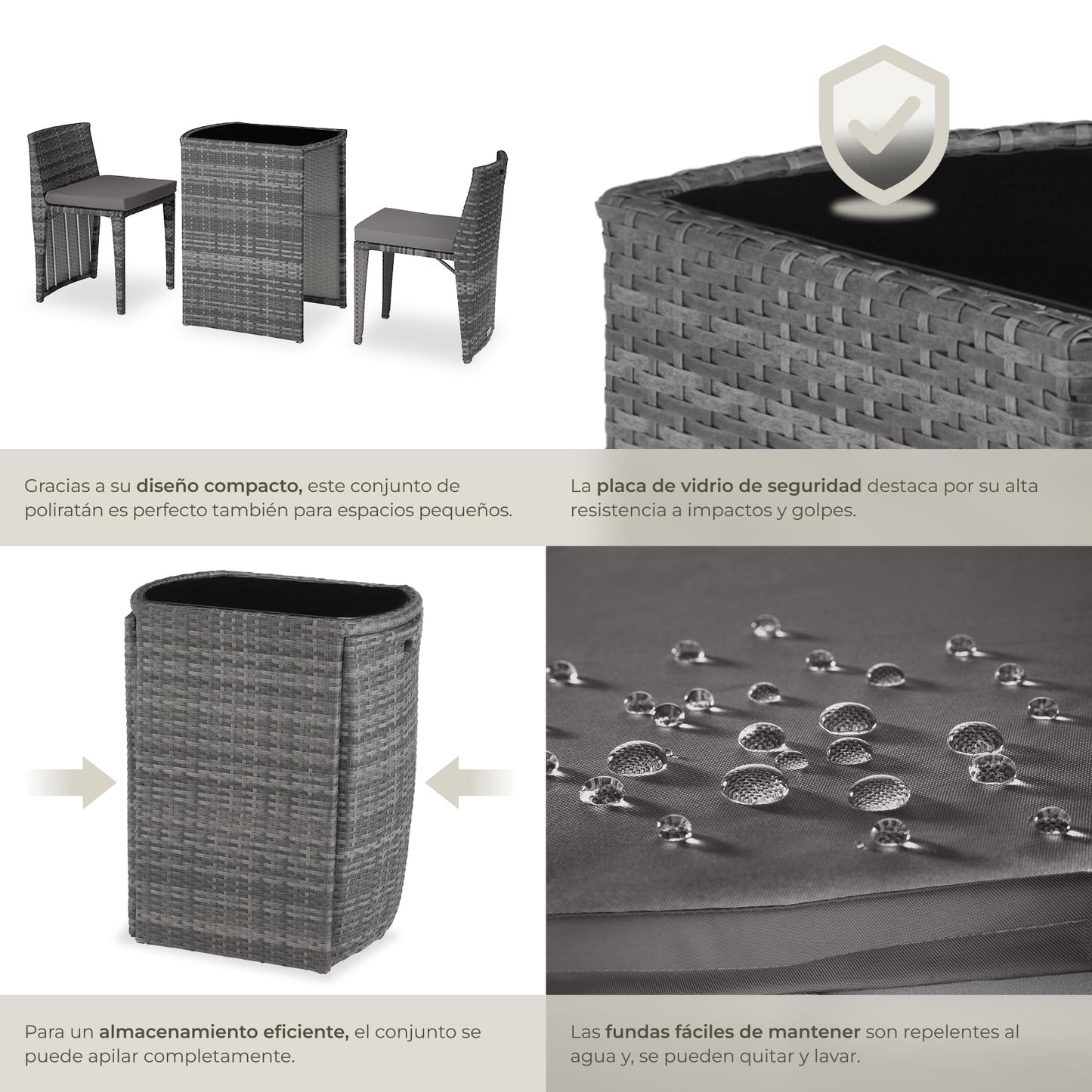 TecTake Set Jardín 2 Sillas + Mesa Cristal, Agrupable, Cojines, Gris