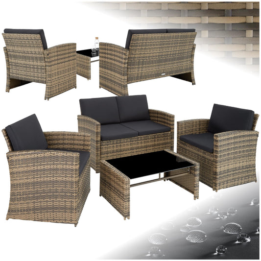 Tectake Set Ratán/Acero: 2 Sillones + Sofá + Mesa Cristal, Cojines, Natural