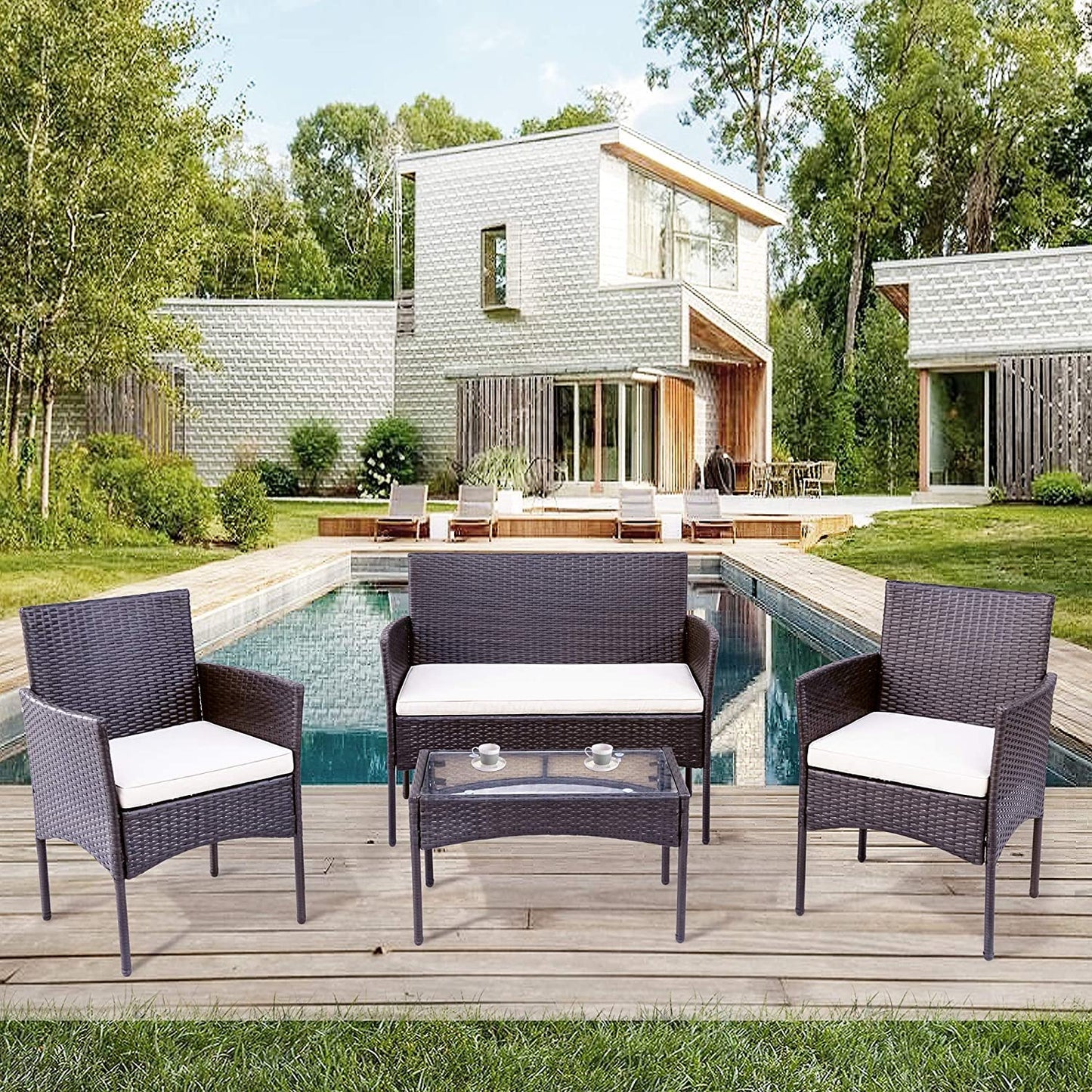 JINPALAY Set Jardín 4 Pzas: 2 Sillones + Sofá Doble + Mesa, Ratán