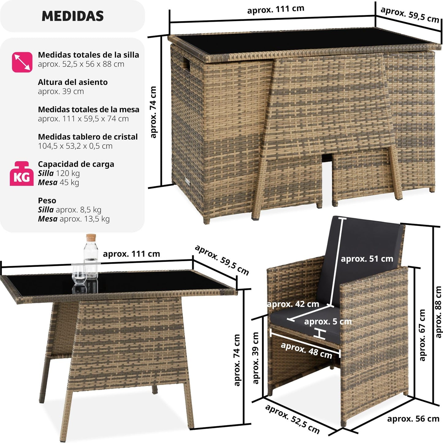 TecTake Set Jardín Ratán/Aluminio: 2 Sillas + Mesa Cristal, Apilable, Natural