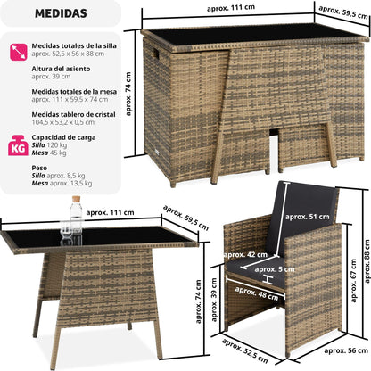 TecTake Set Jardín Ratán/Aluminio: 2 Sillas + Mesa Cristal, Apilable, Natural