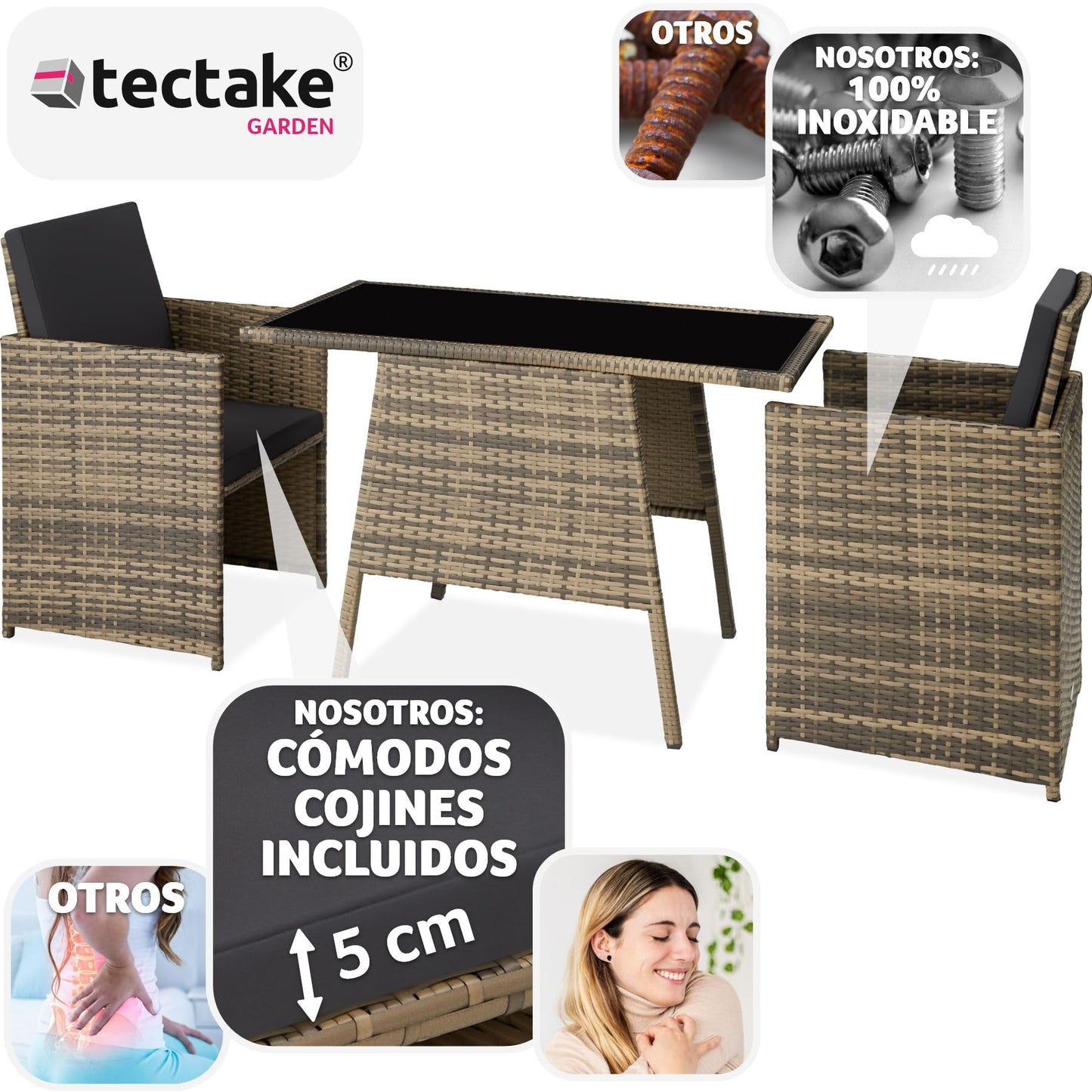 TecTake Set Jardín Ratán/Aluminio: 2 Sillas + Mesa Cristal, Apilable, Natural