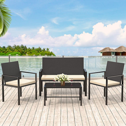 bigzzia Set Ratán 4 Pzas: 2 Sillones + Sofá 2 Plazas + Mesa, Negro