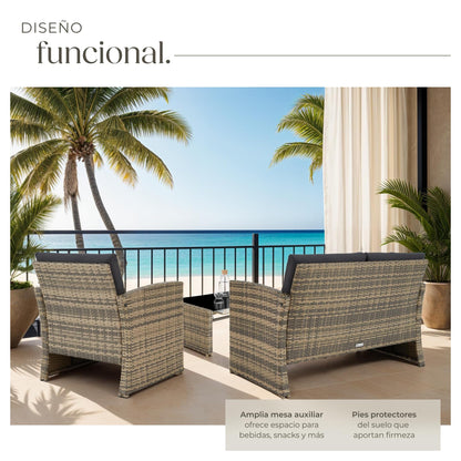 Tectake Set Ratán/Acero: 2 Sillones + Sofá + Mesa Cristal, Cojines, Natural