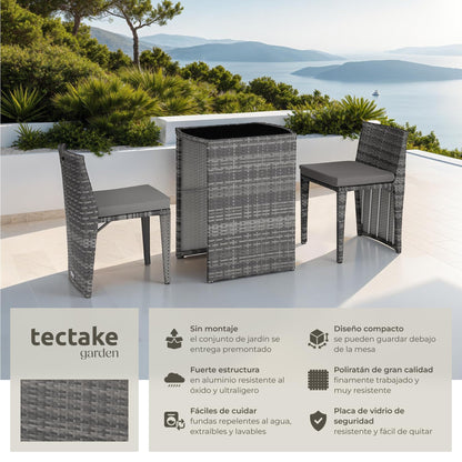 TecTake Set Jardín 2 Sillas + Mesa Cristal, Agrupable, Cojines, Gris
