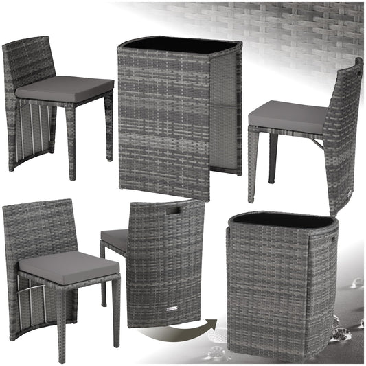 TecTake Set Jardín 2 Sillas + Mesa Cristal, Agrupable, Cojines, Gris