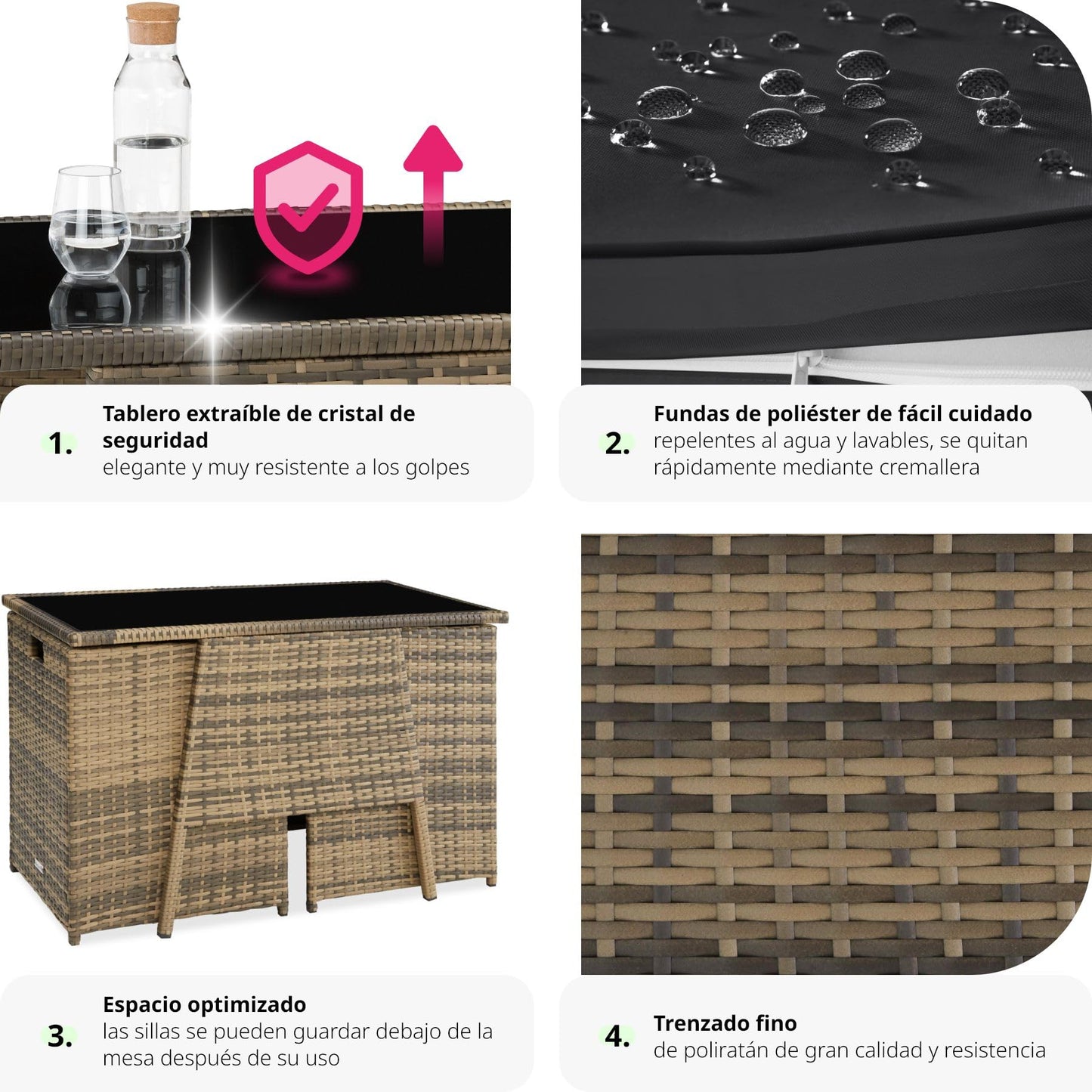 TecTake Set Jardín Ratán/Aluminio: 2 Sillas + Mesa Cristal, Apilable, Natural