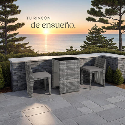 TecTake Set Jardín 2 Sillas + Mesa Cristal, Agrupable, Cojines, Gris