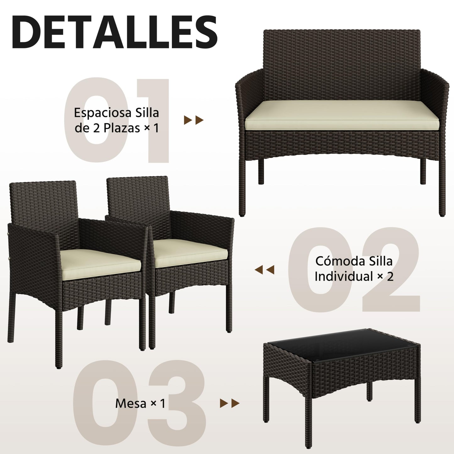 Yaheetech Set Ratán 4 Pzas: Sofá + 2 Sillones + Mesa Vidrio, Marrón/Beige