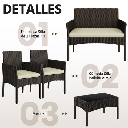 Yaheetech Set Ratán 4 Pzas: Sofá + 2 Sillones + Mesa Vidrio, Marrón/Beige