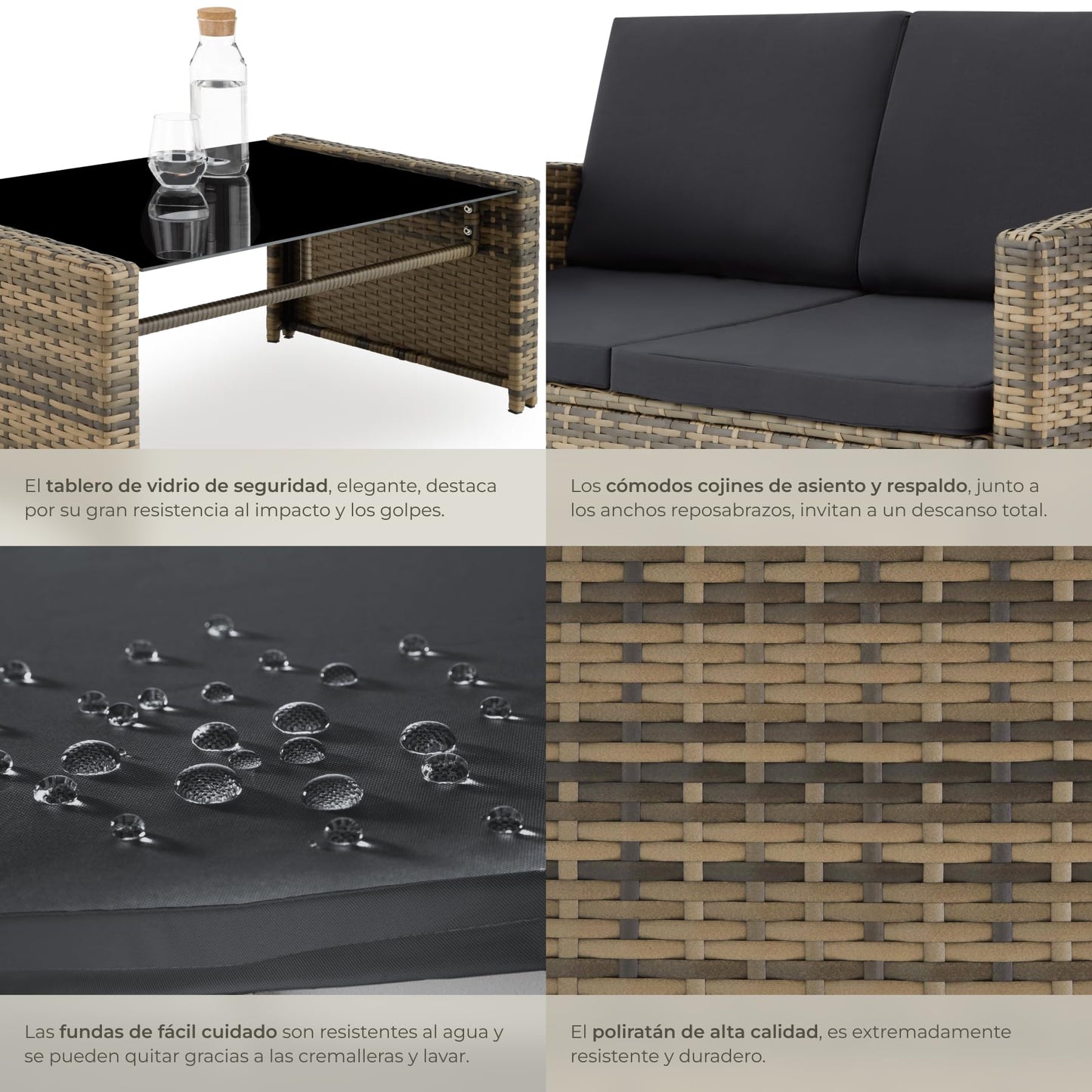 Tectake Set Ratán/Acero: 2 Sillones + Sofá + Mesa Cristal, Cojines, Natural