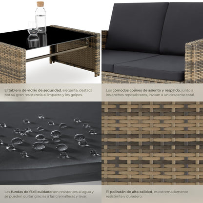 Tectake Set Ratán/Acero: 2 Sillones + Sofá + Mesa Cristal, Cojines, Natural
